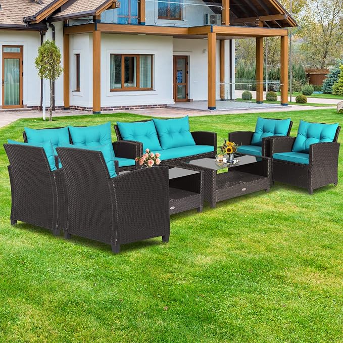 Tangkula 8-Piece Patio Furniture Set, Rattan Wicker Chair Set with 2 Loveseat, 4 Single Sofas, 2 Coffee Table with Tempered Glass Top, Outdoor Furniture Sets for Backyard, Porch, Garden and Poolside