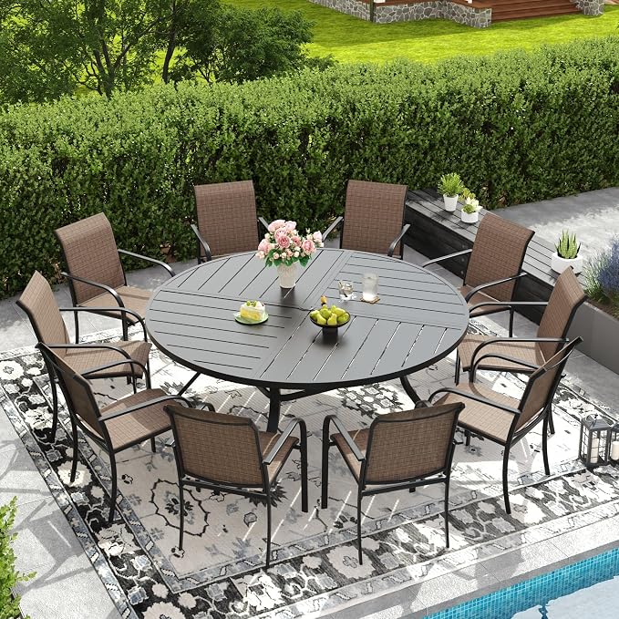 DIFY 11 Pieces Outdoor Patio Dining Set for 10, 63" Black Round Metal Patio Table and 10 Brown Stackable Textilene Patio Chairs, Outdoor Table and Chairs for Backyard Garden Poolside