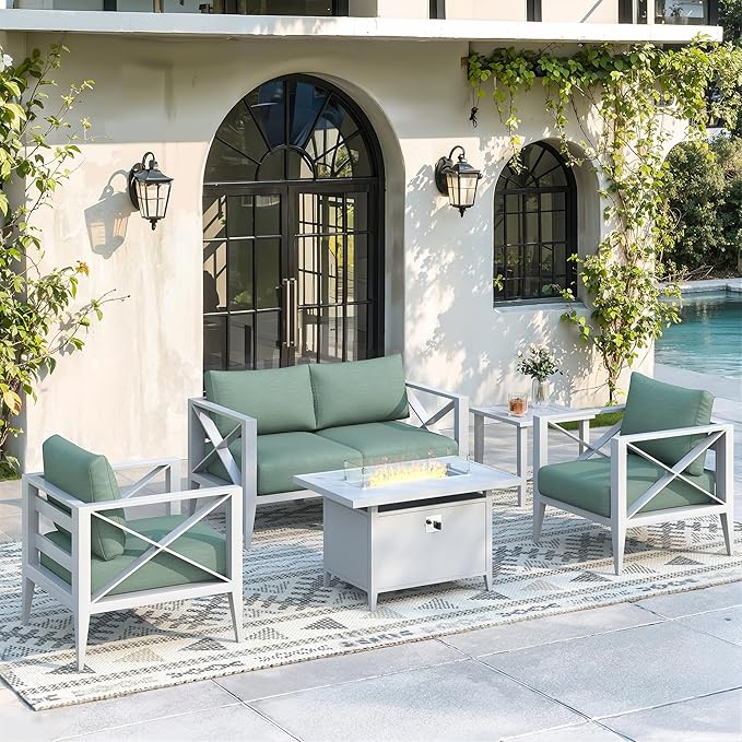Aluminum Outdoor Patio Furniture Set with 43" Fire Pit Table, 6-Piece Outdoor Sectional with 5.2" Thick Cushions, Patio Conversation Sets for Backyard,(White,4 Seats)