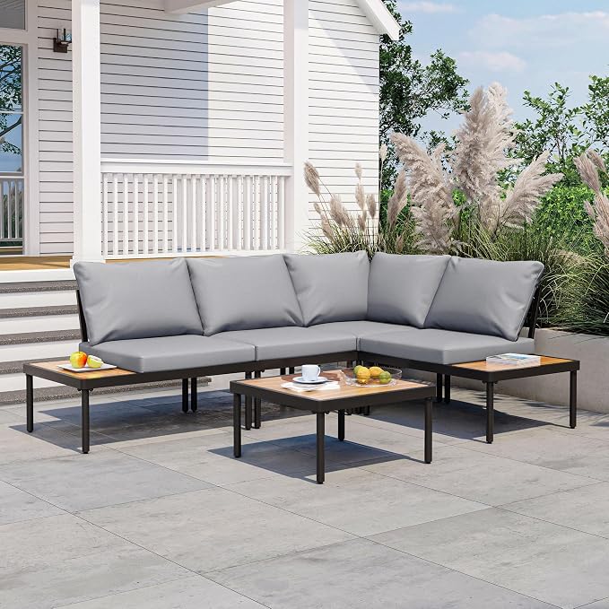 LAUSAINT HOME L-Shaped Outdoor Furniture Set, 5 Pieces PE Rattan Patio Conversation Set, Rustproof Steel Sectional Sofa with Thickened Cushions & Coffee Table for Patio, Garden, Poolside and Balcony