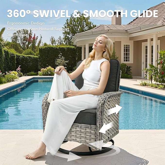 8 Pcs Patio Outdoor Furniture Set - All Weather Wicker Outdoor Sectional Sofa Couch with Swivel Fire Pit Table and Rocking Chairs e,Patio Rattan Conversation Set for Garden Deck Yard,Black