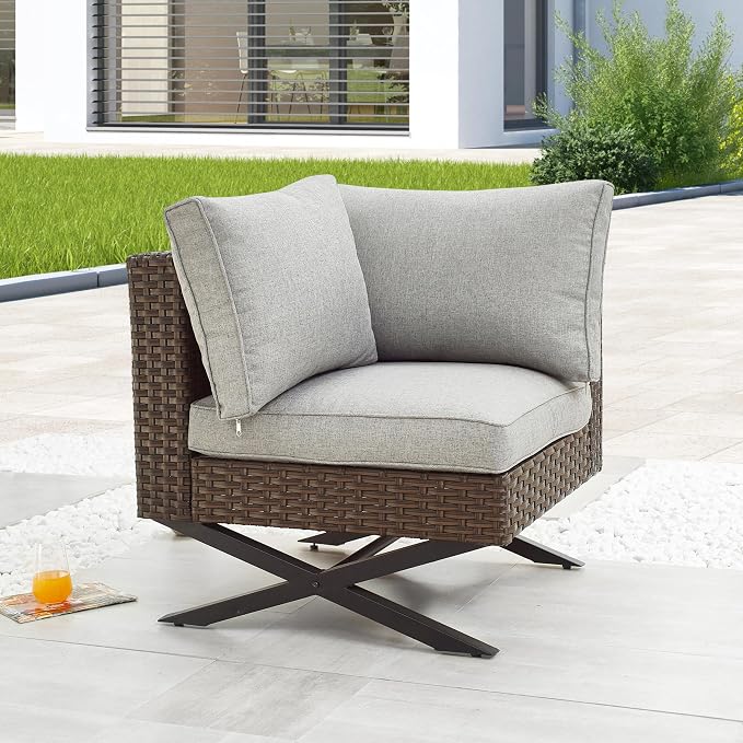LOKATSE HOME Rattan Corner Sofa X Shape Leg Outdoor Furniture Patio Left-arm Chair with Cushions for Garden, Pool, Backyard, Brown