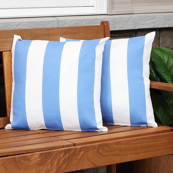 Sunnydaze Indoor and Outdoor Decorative Throw Pillows Set of 2 with Zipper Closures and Inserts - 17-Inch Square Patio Furniture Accents - Weather-Resistant Polyester - Beach-Bound Stripe