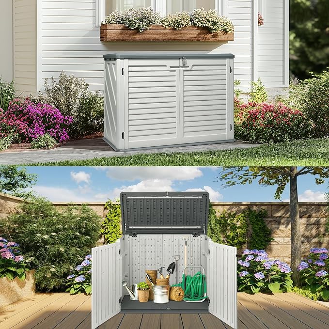VINGLI Outdoor Storage Shed, Resin Storage Cabinet with Lockable Design, Weatherproof Tool Shed with HDPE Material, Resin Deck Box for Garden Tools, Pool Equipment, Garbage Cans, White (31.5 Cu.ft)