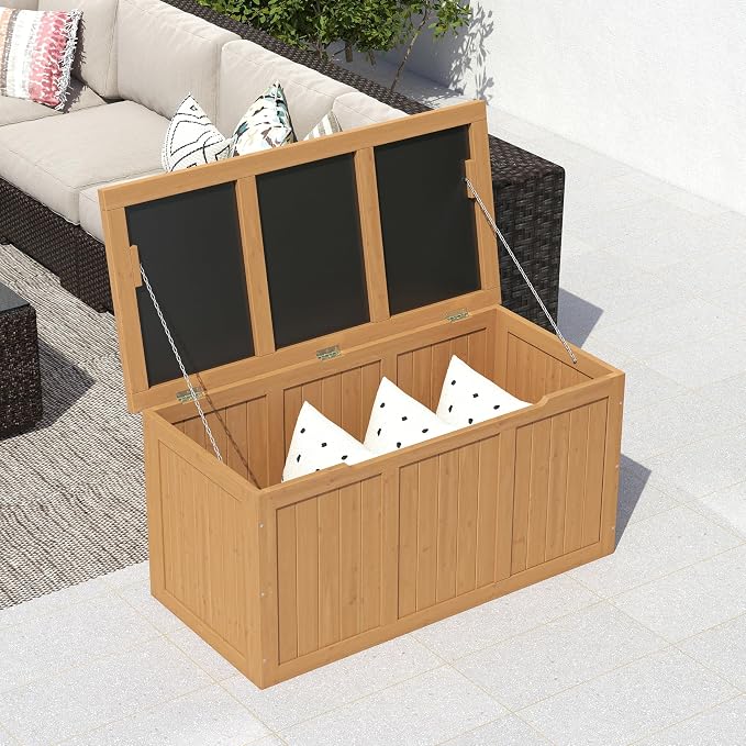 Domesto 112 Gallon Extra-Large Outdoor Deck Box, Solid Wood Storage Box Seat & Table Top, For Patio Cushions, Pool, Garden Tools (Light Brown, 67 Gallon)