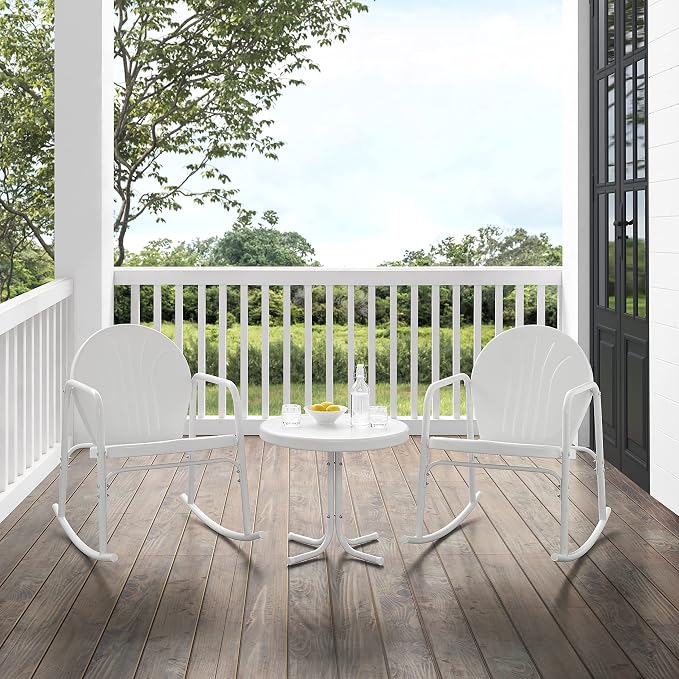 Crosley Furniture Griffith 3-Piece Outdoor Rocking Chair and Side Table Set, Retro Metal Bistro Patio Sets, White Gloss and White Satin
