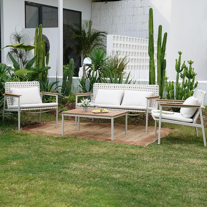 Grand patio 4-Piece Oversized Aluminum Patio Furniture Set, Extra Wide Wicker Sofa Set with E-Coated Faux Wood Grain Coffee Table and Water-Resistant Olefin Cushions