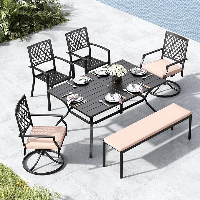 MFSTUDIO Outdoor Dining Set with Bench, Patio Table and Chairs Set for 6 with Umbrella Hole, Deck Garden Table Chair and Bench Set