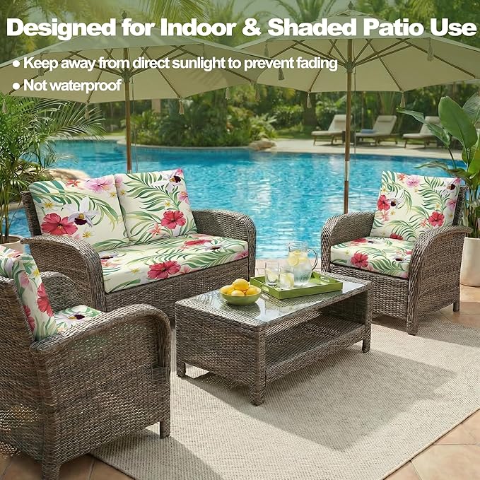 CALBODE 14 Pcs Stretch Outdoor Seat Cushion Covers, Washable Chair Seat Cover for Patio Furniture Cushions Soft Indoor and Outdoor Couch Cover Replacement (Tropical Floral, Beige,Cover Only)