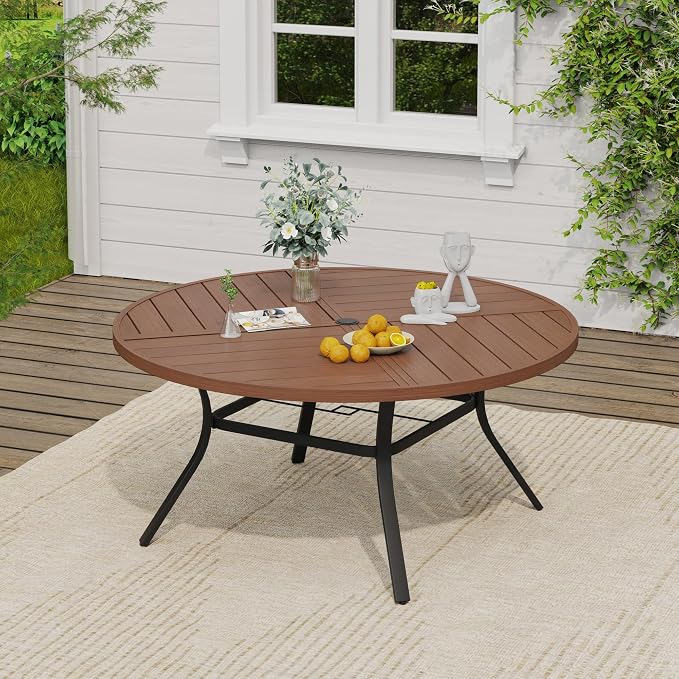VICLLAX Patio Dining Set, 53.1" Walnut Table & 6 Chairs with Grey Cushion | Outdoor Table and Chairs Set of Round Metal Patio Table, Outdoor Dining Chairs with Metal Frame, Garden Deck Porch