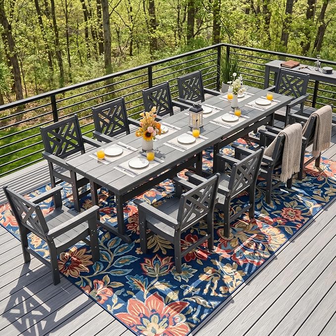 HDPE Dining Table Set for 10,12-Piece Outdoor Table and Chairs Include 10 Dining Chairs and 2 Pcs 62.5" Patio Dining Table with Umbrella Hole (Gray)