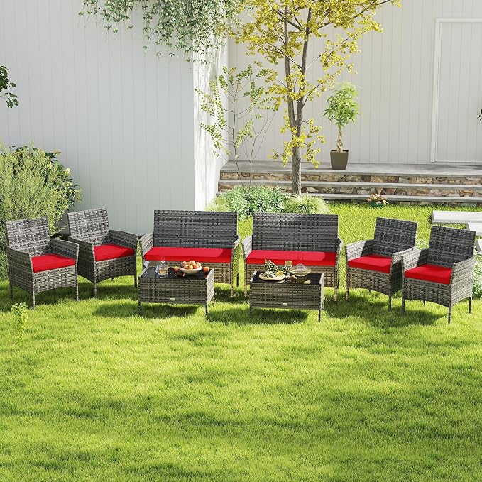 RELAX4LIFE 4-Piece Patio Furniture Set - Rattan Outdoor Conversation Bistro Set w/Cushions, Glass Coffee Table, Wicker Chairs & Loveseat for Garden Backyard Porch, Balcony Furniture (1, Mix Grey-Red)