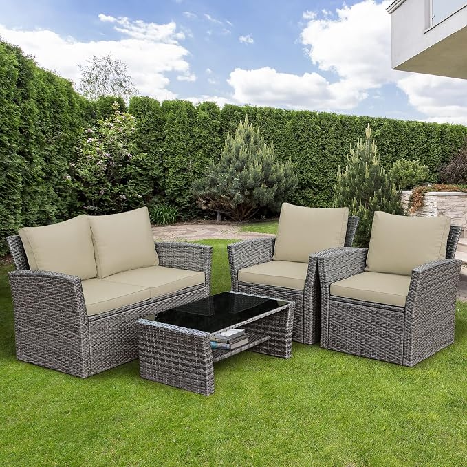 RELAX4LIFE 4-Piece Patio Conversation Seat - Wicker Sofa Set w/Seat & Back Cushions, Coffee Table w/Tempered Glass Tabletop, Outdoor Rattan Sofa Set for Backyard, Porch (Brown)