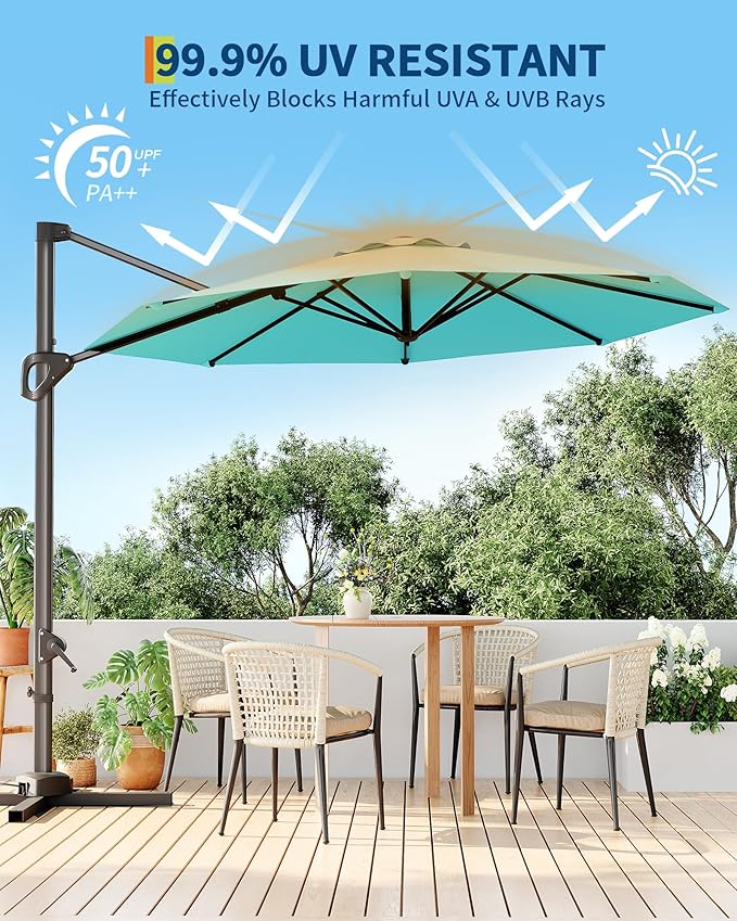 GarveeLife 10 ft Cantilever Umbrella Outdoor Patio Umbrella w/Base Included Market Offset Umbrella Sun Shade Windproof with 360-Degree Rotation for Patio Garden Deck Pool, Turquoise Blue