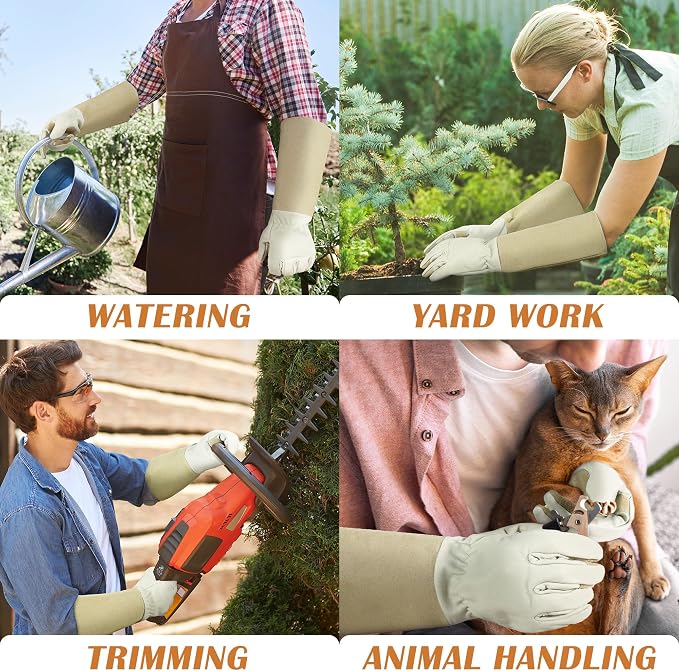 HANDLANDY Rose Pruning Gloves for Men Women, Thorn Proof Gardening Gloves | Long Leather Gardening Gloves, Breathable Leather Gauntlet, Best Garden Gifts & Tools for Gardener (Beige, M)