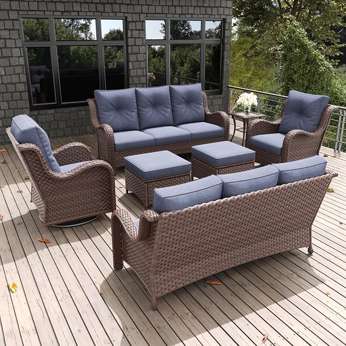 LayinSun 7 Pieces Outdoor Patio Furniture Set, Rattan Wicker Sectional Swivel Rocker Chairs Sets with Ottomans, Swivel Glider Chairs and Coffee Table
