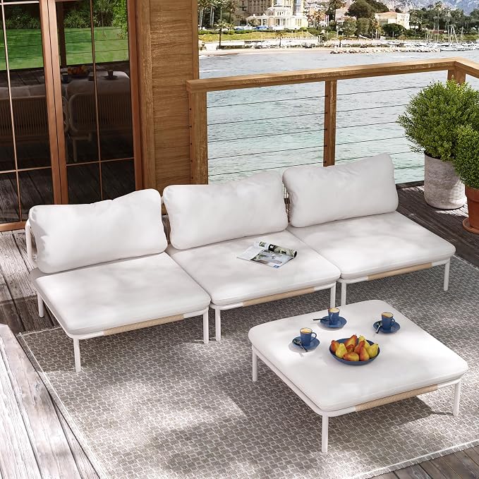 Patio Furniture Set, Outdoor Patio Furniture Oversized Metal Single Sofa, 2-seat Conversation Set with Cushion for Indoor and Outdoor, White Frame and Beige Mat, （2 Seats 2 Armrests）