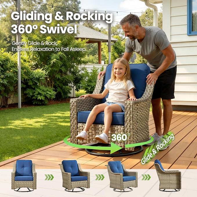 6 Piece Patio Furniture Set with Swivel Rocker Chairs, Outdoor Wicker High Back Sofa Glider Chair Ottoman with Cushion, All Weather Conversation Sets for Backyard Poolside Deck, Navy Blue