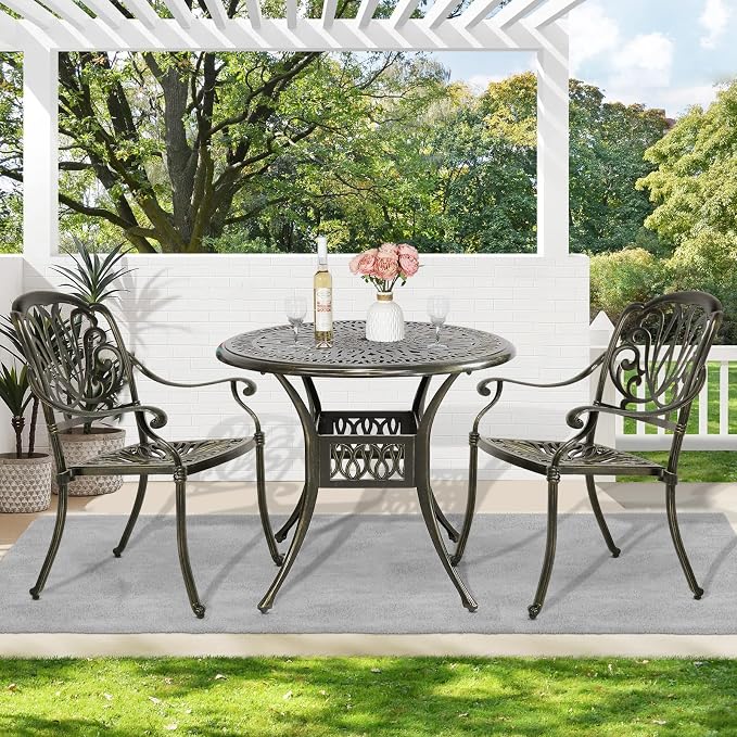 MEETWARM 3 Piece Patio Bistro Set, Outdoor All-Weather Cast Aluminum Dining Furniture Set Includes 2 Chairs and a 35.4” Round Table with Umbrella Hole for Garden Deck