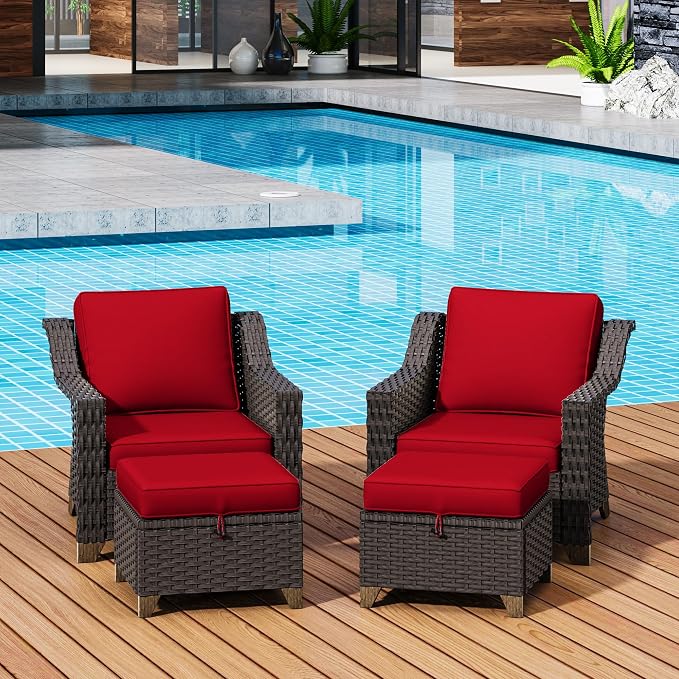 4 Pieces Patio Conversation Furniture Set - 2 Chairs with Ottomans Set of 2, Outdoor Wicker Armchairs with Water-Resistant and Washable Cushions for Porch, Balcony, Sunroom (Red)