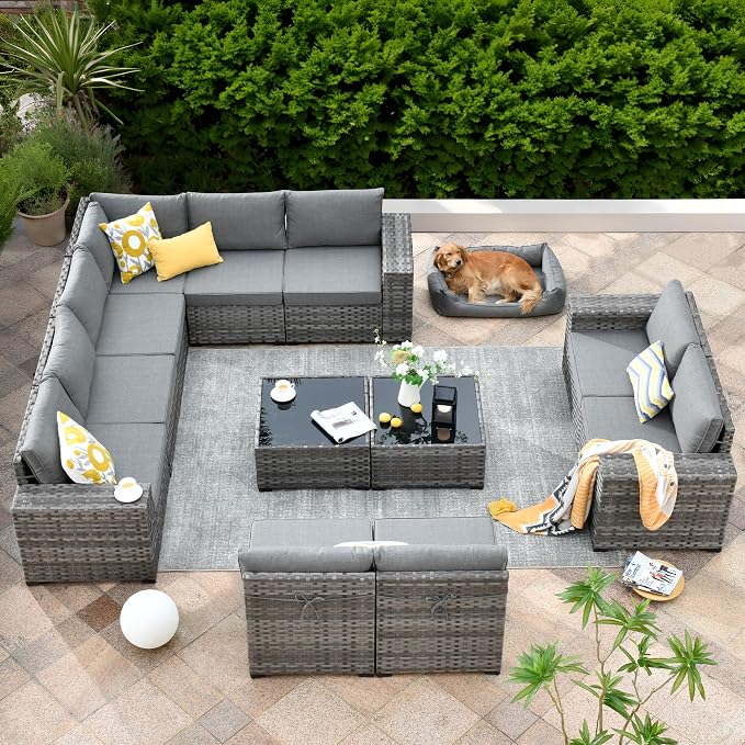 ovios 12 Pieces Patio Furniture Set, Outdoor Wicker Sectional Sofa with Coffee Table Comfy Cushions, Modern Modular Deep Seat Couch Rattan Conversation Set, Dark Grey