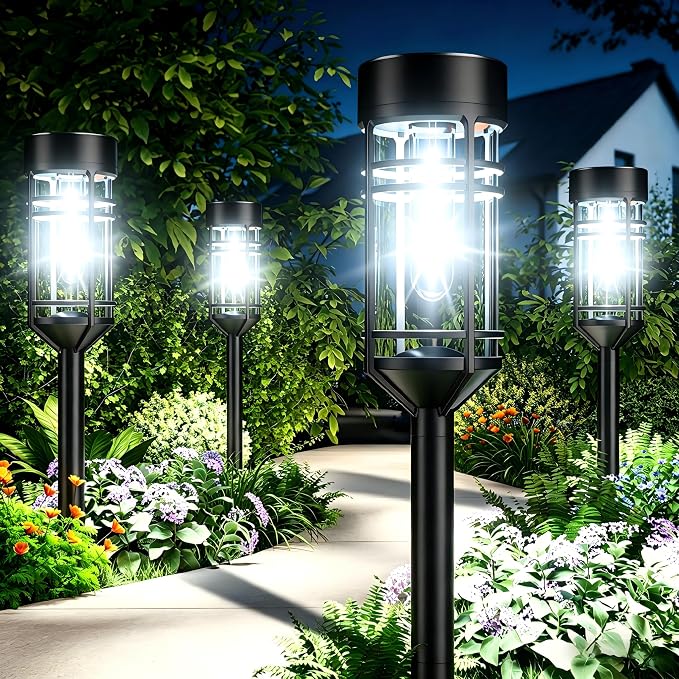 Amzarp 8 Pack Solar Garden Lights, Bright LED Solar Pathway Lights Outdoor IP65 Waterproof Rugged Shatterproof Auto On/Off for Landscape Garden Yard Walkway Driveway Lawn Lighting (6500K Cool White)