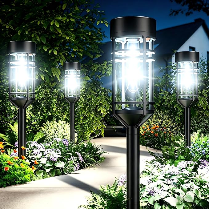 Amzarp 12 Pack Solar Garden Lights, Bright LED Solar Pathway Lights Outdoor IP65 Waterproof Rugged Shatterproof Auto On/Off for Landscape Garden Yard Walkway Driveway Lawn Lighting (6500K Cool White)