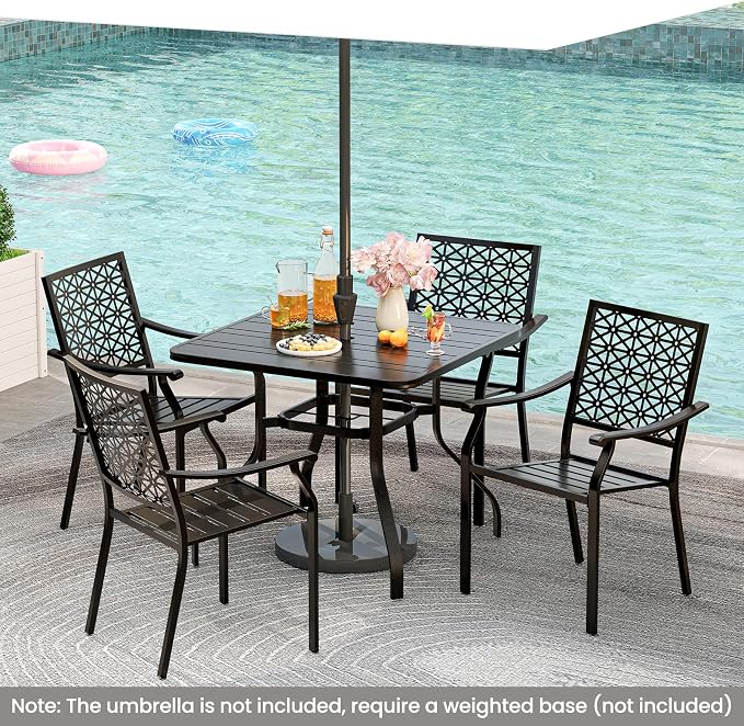 Tangkula 5 Pieces Metal Patio Dining Set, 37 Inches Square Dining Table with 4 Stackable Chairs, Slatted Table with Umbrella Hole, Outdoor Dining Furniture Set for Poolside, Deck, Backyard