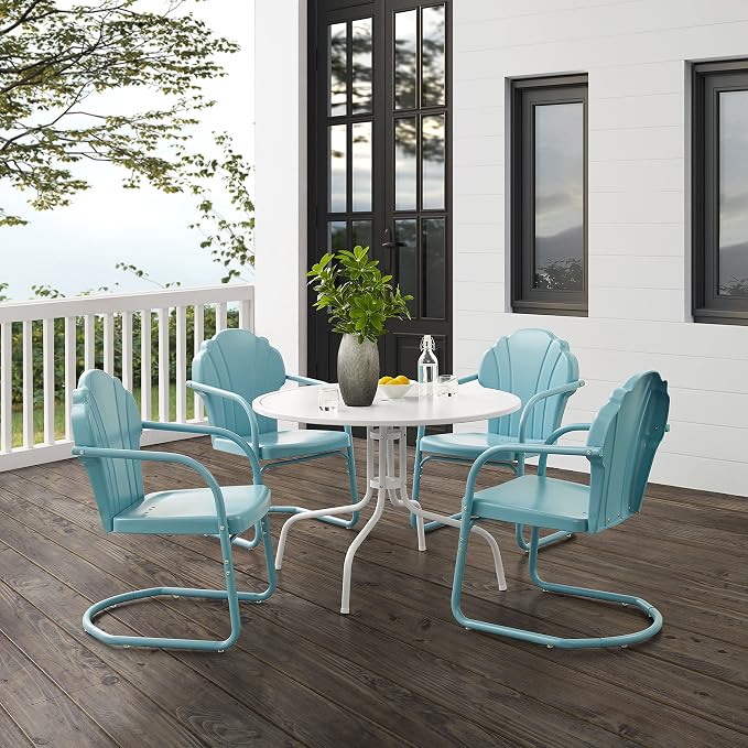 Crosley Furniture Tulip 5-Piece Outdoor Dining Set for 4, Retro Metal Round Patio Table and Chairs for Deck, Pastel Blue Satin