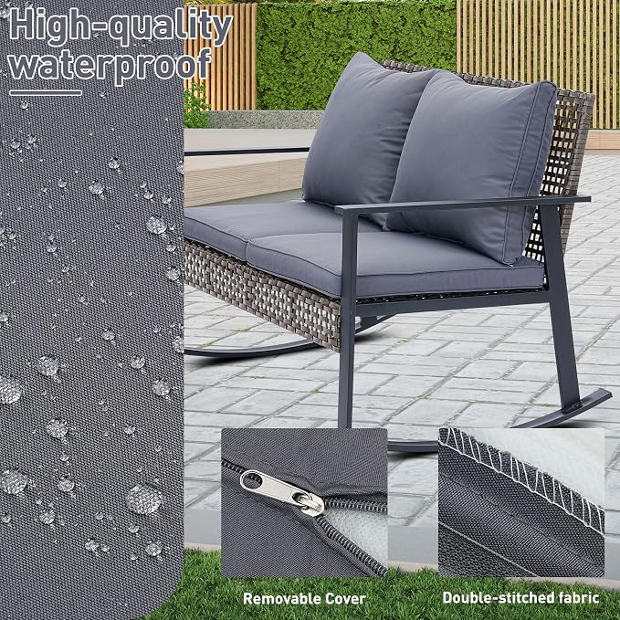 Ainfox Outdoor Wicker Loveseat Rocking Chair, Patio Rattan Rocker Chair with Cushions，All-Weather Modern Cozy Rocking Wicker Furniture for Garden Backyard Porch, Grey