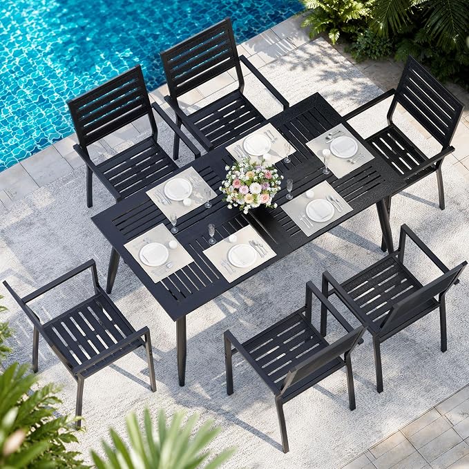 Pamapic 7-Piece HDPE Outdoor Dining Set, All-Weather Patio Furniture Set with Powder-Coated Iron Frame, Outdoor Table & 6 Stackable Chairs for Garden, Backyard, Poolside, Deck