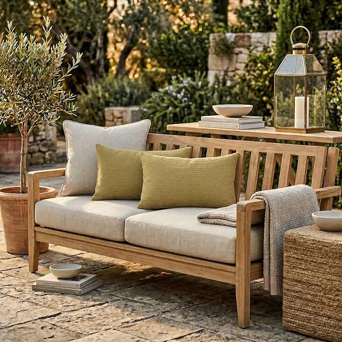 RSH DECOR: Lumbar Jumbo Throw Pillows Set of 2 | 26” x 16" | All-Weather Spun Fabric | Water and Fade-Resistant | Outdoor Support Pillows for Patio Furniture | Made in USA (Luca Rib Pecan)