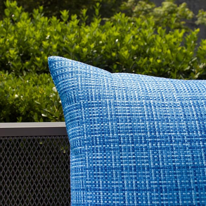 Kevin Textile Outdoor Waterproof 12"x20" Lumbar Pillow Covers 2 Pack, Blue | Water Resistant, Faux Linen Yarn-dyed, Woven Texture Throw Pillow Covers for Tent Patio Garden Couch Sofa