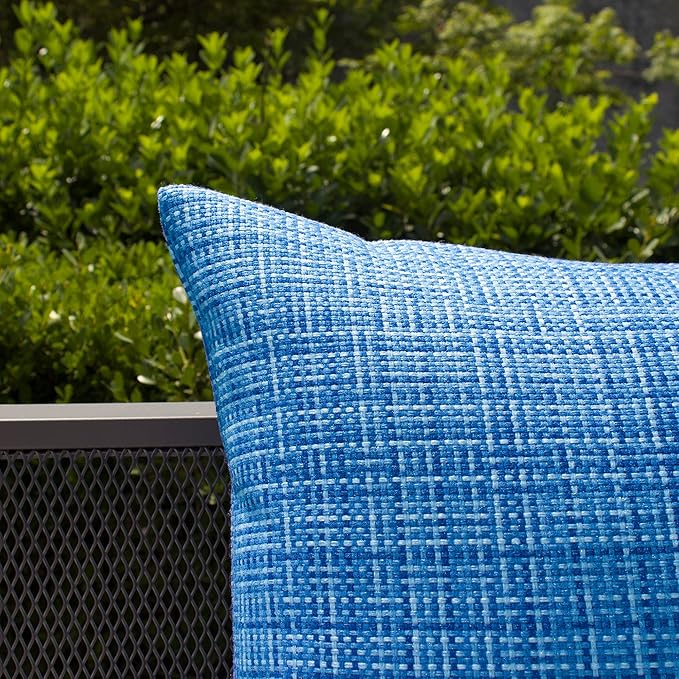 Kevin Textile Outdoor Waterproof 24x24 Inch Pillow Covers 2 Pack, Blue | Water Resistant, Faux Linen Yarn-dyed, Woven Texture Euro Throw Pillow Covers for Tent Patio Garden Couch Sofa