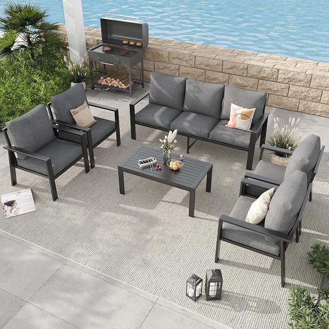 Aluminum Patio Conversation Sets All-Weather Sectional Outdoor Furniture Set with Coffee Table & Cushions with Removable Covers for for Backyard, Garden and Poolside Easy Assembly(Gray)