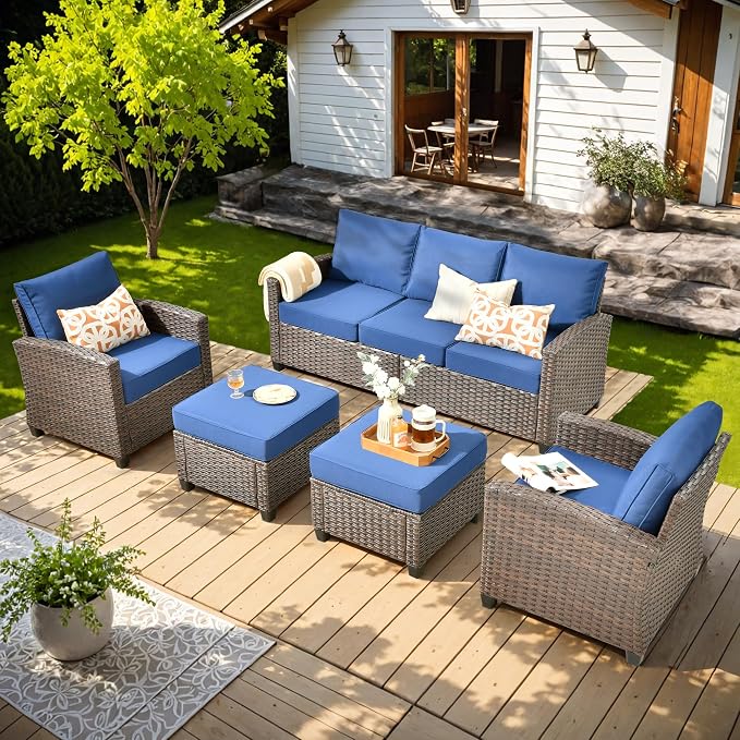 ovios 5 Pieces Patio Furniture Set, Outdoor Wicker Sofa Couch with Chairs Comfy Cushions, All Weather Brown Rattan Conversation Set for Backyard Deck Porch, Navy Blue
