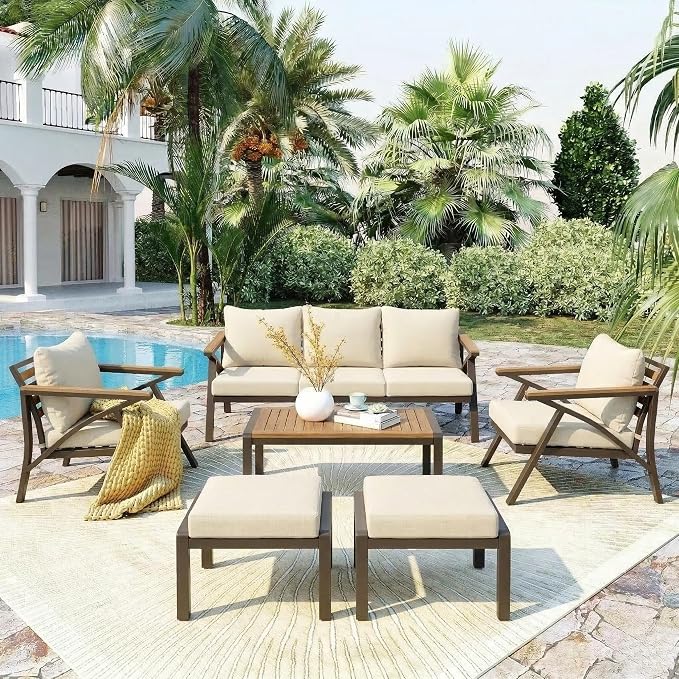 KLMM 6-Piece Outdoor Patio Furniture Set,Steel Frame Sofa Set with 3-Seat Couch, 2 Armchairs, 2 Ottomans & Acacia Wood Coffee Table,for Backyard, Garden, Poolside (Brown,Cream Beige-BC)