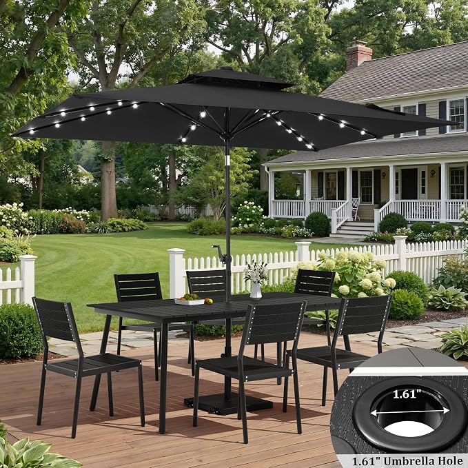 7-Piece Outdoor Dining Set for 6 Person with Black Wood-Grain Top | Armless Stackable Chairs with 19.4" Seat Depth, Aluminum Frame Dining Furniture with Umbrella Hole for Deck, Porch & Backyard