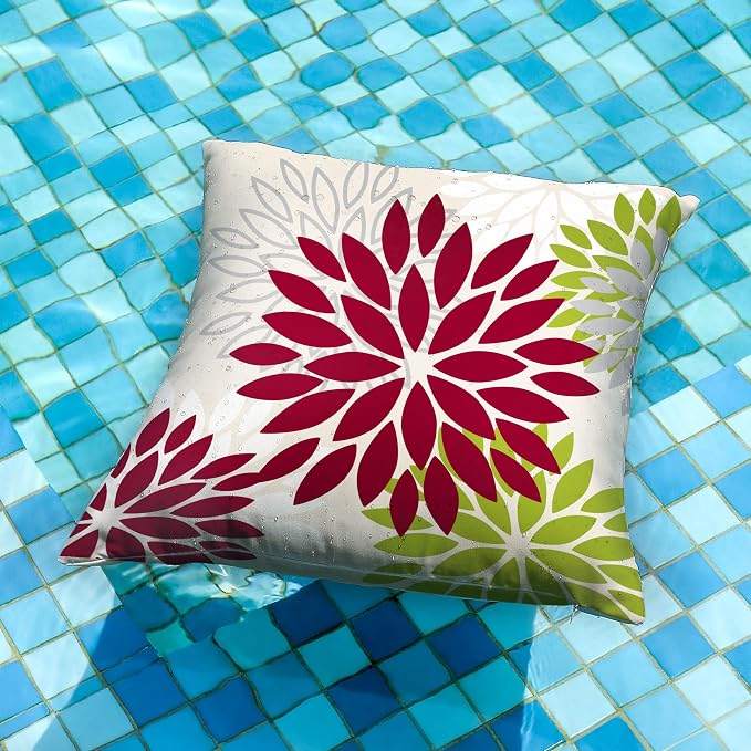 DFXSZ Outdoor Waterproof Pillow Covers 18x18 Set of 2 Wine Red Green Flower | Spring Summer Waterproof Flower Throw Pillowcases（No Inserts）Outdoor Decor for Patio Funiture Garden Polyester Covers