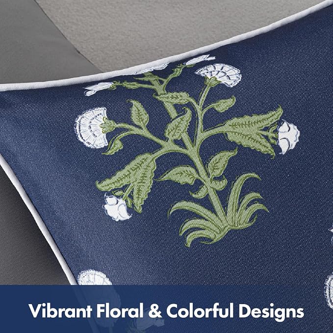 MIULEE Floral Outdoor Lumbar Pillow Covers with Inserts 12x20 Navy Blue | Set of 2 Waterproof Decorative Throw Pillows with Piping,Vintage Fade Resistant, Patio Furniture Summer Garden Couch Sofa