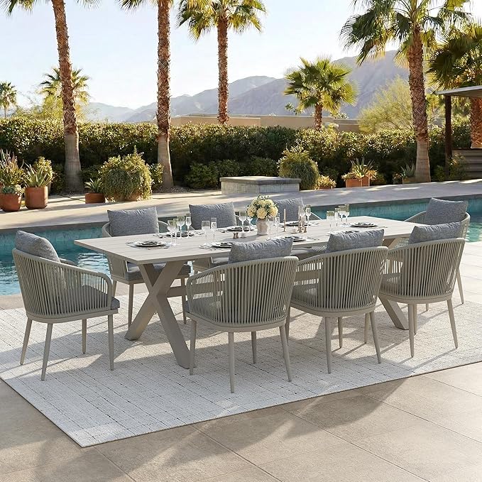 9-Piece Patio Dining Table Sets, Woven Wicker Dining Set with Rectangular Aluminum Table and Dining Chairs Modern Outdoor Dining Furniture Set for Outdoors and Indoors