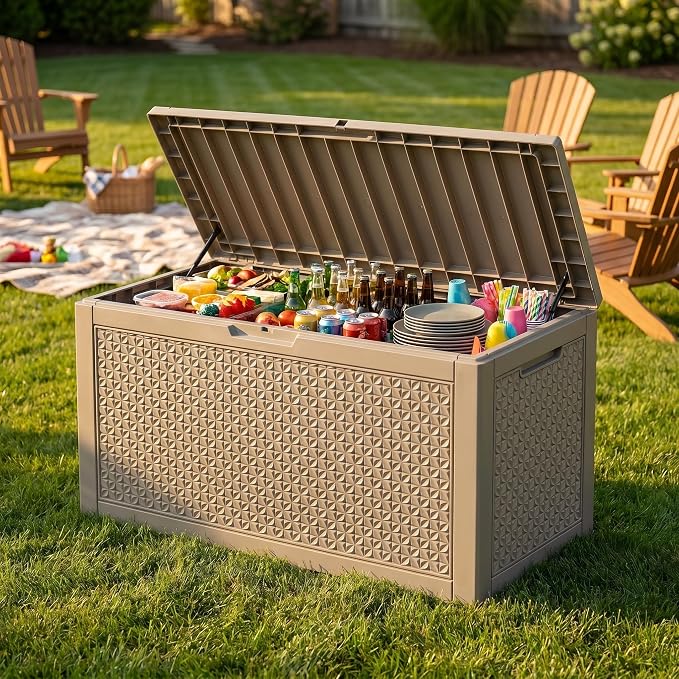 102 Gallon Outdoor Storage Box, Resin Deck Box Waterproof & Lockable, Patio Cushion Storage Bench for Garden, Pool, Furniture & Tools, UV Resistant Heavy Duty, Gray Brown
