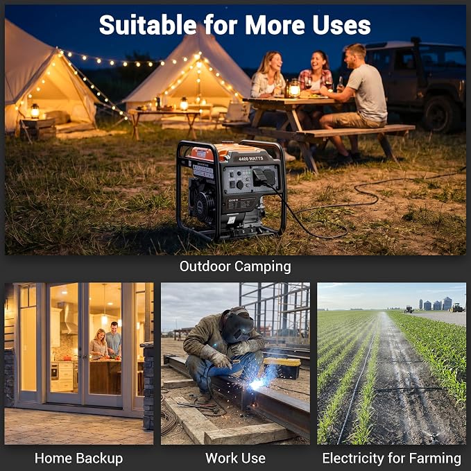 4400 Watts Open Frame Inverter Generator, Gas Powered Portable Generator for Home Backup, RV Ready 30A Outlet, ECO Mode, Quiet Operation, Low Oil Shutoff, Emergency Power, EPA Compliant