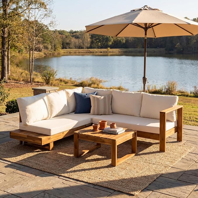 VilroCaz Outdoor Patio Furniture Set, L-Shaped Acacia Wood Sectional Sofa with Coffee Table, Cushions and Backpack, All-Weather Conversation Set for Garden Backyard Porch