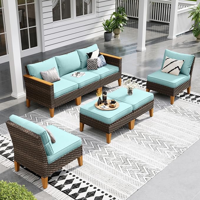 Sophia & William 7 Piece Patio Furniture Sets, Sectional Outdoor Rattan Wicker Sofa, All Weather Patio Conversation Set for Deck Backyard Lawn, Outdoor Couch, Blue