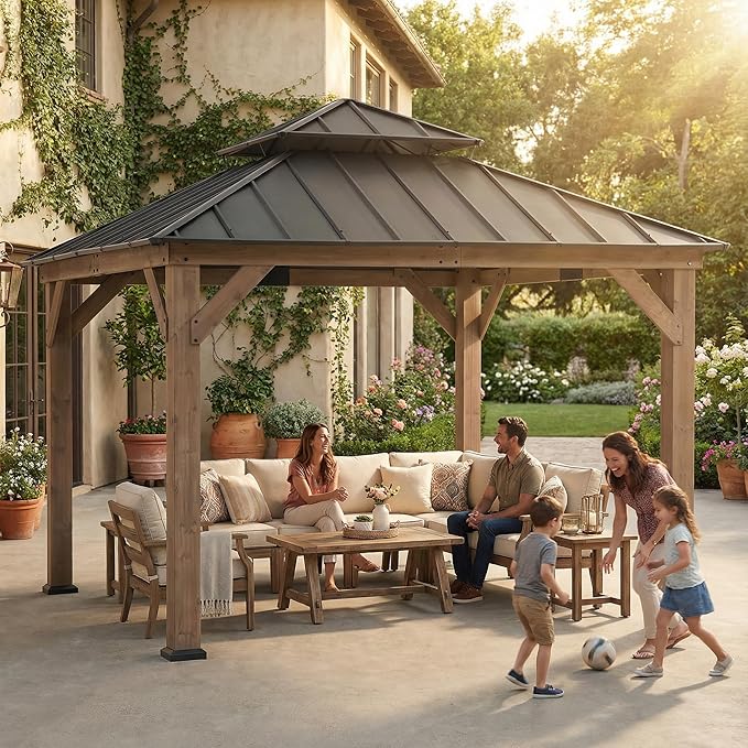 SUNJOY 11 x 11 ft. Wood Gazebo, Upgrade Outdoor Patio Cedar Framed Steel Hardtop Gazebo with 2-Tier Metal Roof, Suitable for Patios, Lawn and Backyard, Hammered Brown Roof + Dark Wood Frame