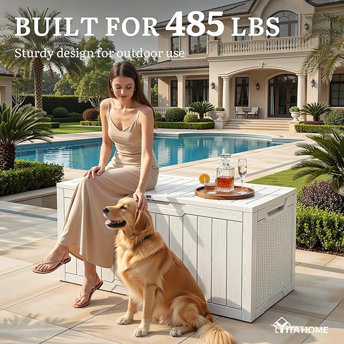 YITAHOME 100 Gallon Large Outdoor Deck Box, Waterproof Resin Storage Box, Lockable Indoor Outdoor Storage Container for Patio Furniture Cushions, Pool Accessories, Garden Tools, White