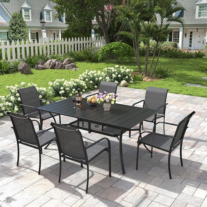 7 Pieces Patio Dining Set, 59" Rectangular Dining Table with Umbrella Hole, 6 Stackable Textilene Fabric Chairs, Metal Structure for Patio, Porch, Garden(Black Table, Grey Chair)