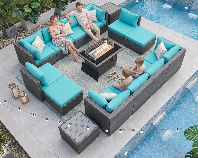 NICESOUL 15 Piece Patio Furniture Set with Fire Pit, Oversized Large Outdoor Sectional with Fire Pit, 500 lbs High Weight Capacity Wicker Deck Seating for 12, Gray & Teal