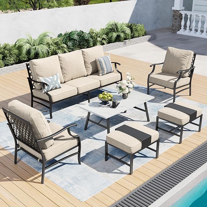 SUNSHINE VALLEY Patio Furniture Set, Modern Metal Outdoor Patio Furniture, 3 Seater Sofa, 2 Single Chairs, 2 Ottomans, Coffee Table and 5.75" Extra Thick Cushion, Patio Conversation Set for Backyard